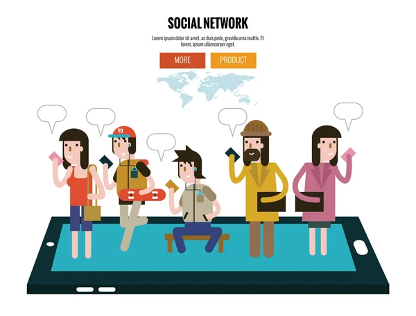 그룹 사람들이 셀 스마트폰 들고입니다. 소셜 네트워크 통신 개념. — 스톡 벡터