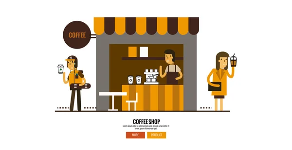 Coffee shop az utcán, az ügyfelekkel. Web banner, plakát. — Stock Vector