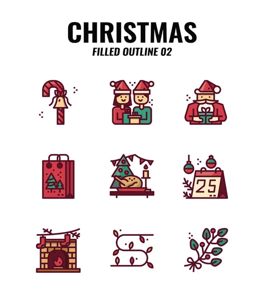 Esquema Lleno Navidad Conjunto Iconos Elemento Decorativo Ornamental Navideño Vector — Vector de stock