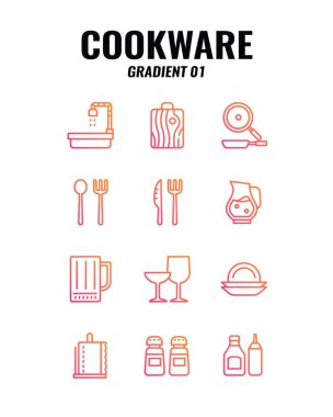 Beyaz arkaplanda yemek takımı simgesi ayarlandı. Gradyan simgeleri kümesi 1. Vektör illüstrasyonu.