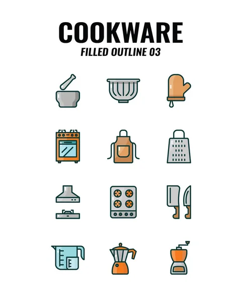 Cookware Pictogram Ingesteld Witte Achtergrond Gevulde Omtrek Pictogrammen Ingesteld Vectorillustratie — Stockvector