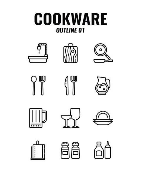 Cookware Pictogram Ingesteld Witte Achtergrond Schets Iconen Set1 Vectorillustratie — Stockvector