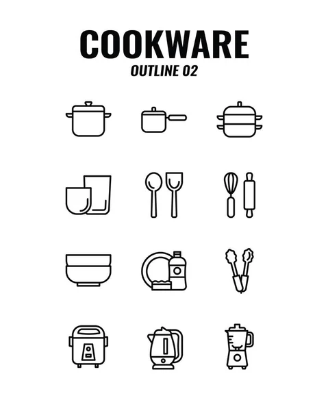 Cookware Pictogram Ingesteld Witte Achtergrond Schets Iconen Set2 Vectorillustratie — Stockvector