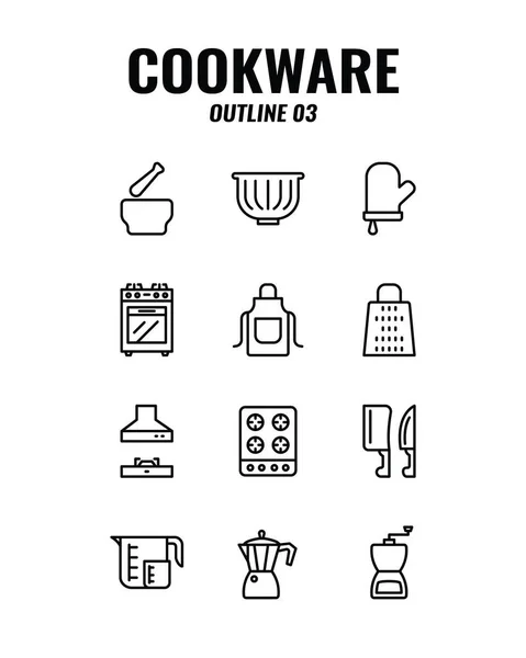 Cookware Pictogram Ingesteld Witte Achtergrond Schets Iconen Set3 Vectorillustratie — Stockvector
