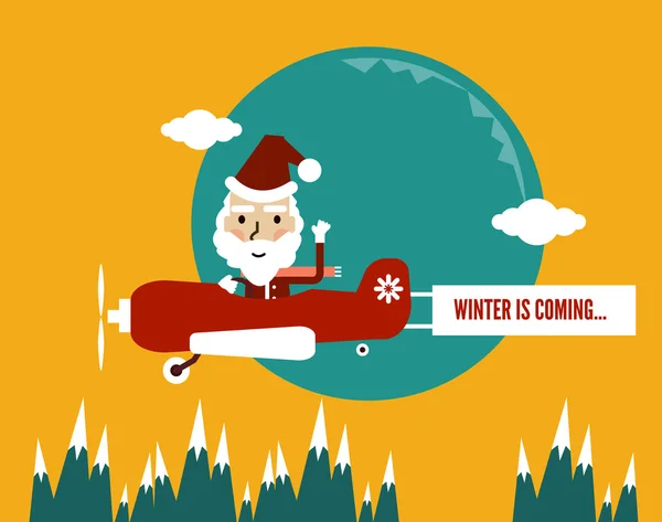 Viene el invierno. Santa Flying With Christmas Plane mostrando pancarta . — Vector de stock