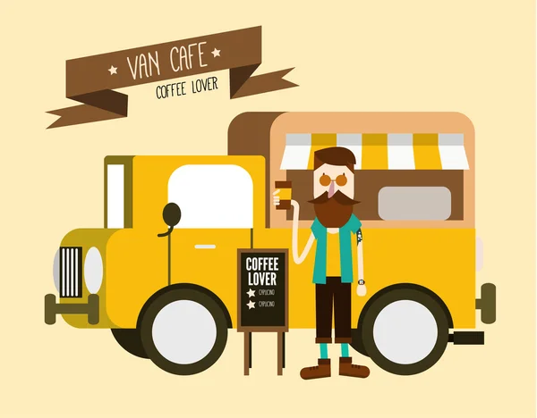 Love coffee. Hipster man with Van cafe delivery. — Stock Vector