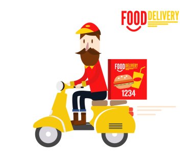 Food delivery man is riding yellow motor bike.