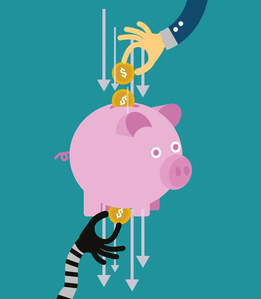 Hand stealing money from piggy bank. — Stock Vector