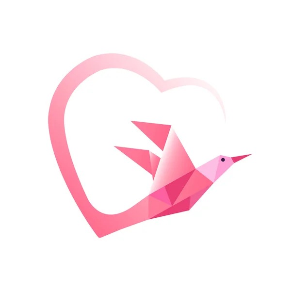 Geometric pink bird with heart ribbon. — Stock Vector