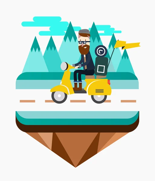Hipster cavalcando uno scooter vicino vista montagna . — Vettoriale Stock