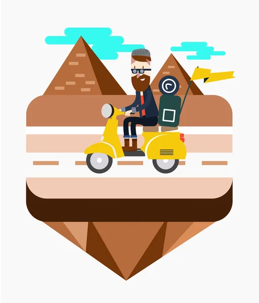 Hipster οδήγηση ενός μηχανικού δίκυκλου κοντά σκηνή πυραμίδα της Αιγύπτου. — Διανυσματικό Αρχείο