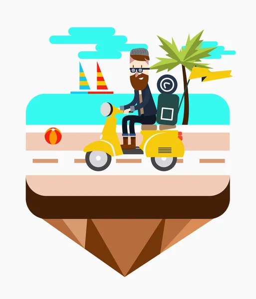 Hipster montando un scooter cerca de una playa tropical . — Vector de stock