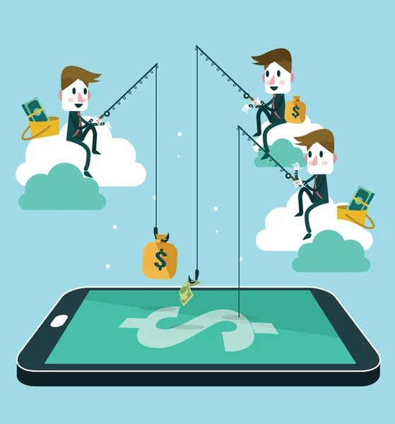Mensen uit het bedrijfsleven om geld te verdienen door vissen dollar bankbiljet van portefeuille op scherm van slimme telefoon. — Stockvector