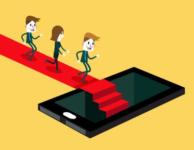 Grup kırmızı halı üzerinde çalışan insan içinde smartphone.