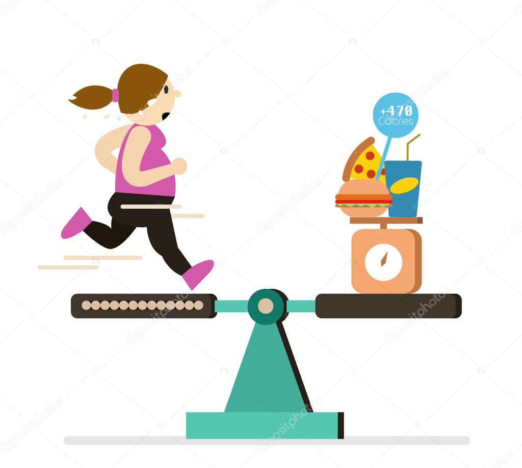 Fat girl running balance with food are over calories.