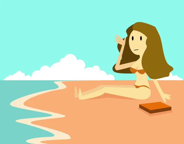 Vacaciones en la playa mujer disfrutando del sol de verano sentado en la arena con un libro . — Vector de stock