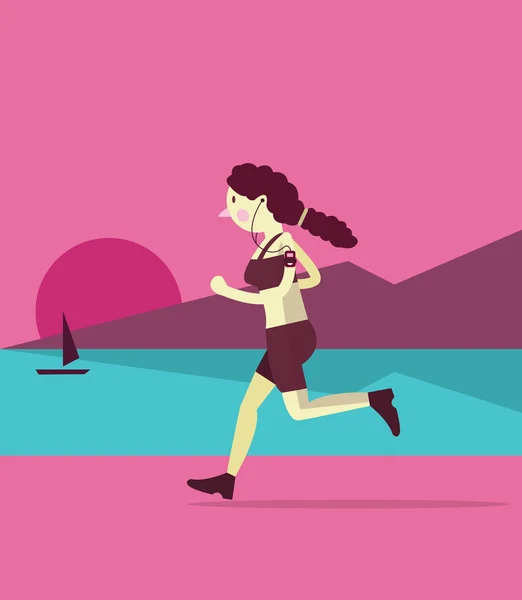 Mujer joven corriendo en una playa. fondo del atardecer . — Vector de stock