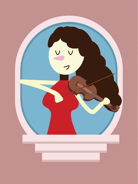 Abito rosso donna Suonare il violino sulla finestra . — Vettoriale Stock