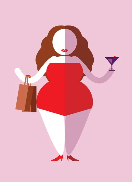 Happy plump woman enjoy shopping and party. — Stock Vector