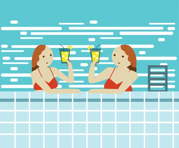 Dos mujeres relajándose en la piscina con jugo de limón . — Vector de stock