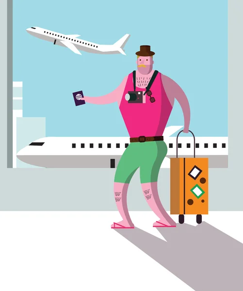 นักท่องเที่ยวที่อาคารผู้โดยสารสนามบิน แนวคิดการเดินทางและการพักผ่อน . — ภาพเวกเตอร์สต็อก