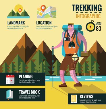 Hiking and Trekking info graphics. Mountain background.