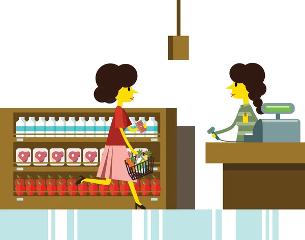 Woman shopping in supermarket, cashier and retail. — Stockvector