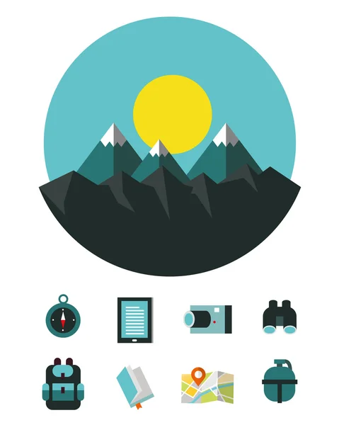 Paisaje de montaña con iconos de camping y equipo de senderismo . — Vector de stock