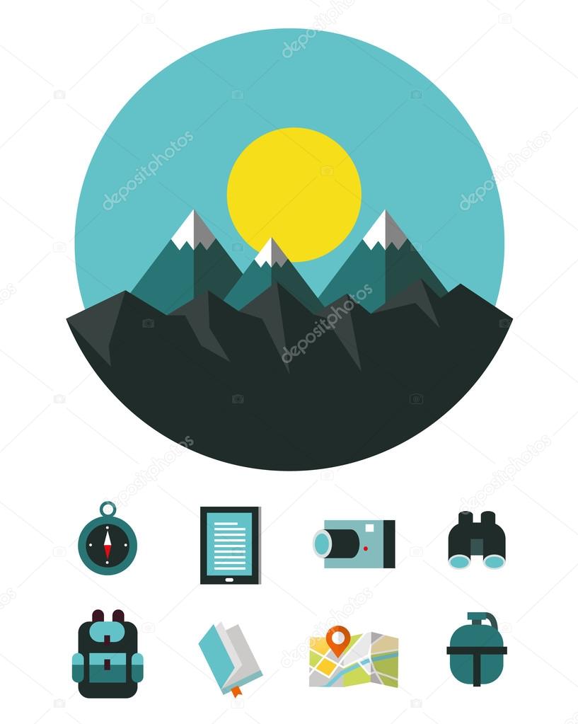 Mountain landscape with Camping and hiking equipment icons.
