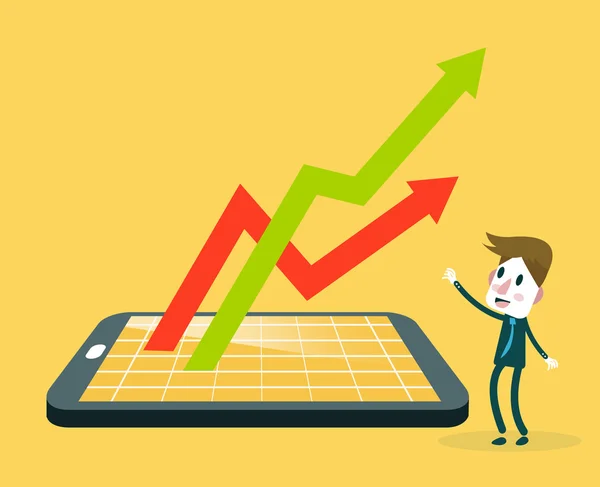 Biznesmen oglądanie smartphone z rynku akcji aplikacji — Wektor stockowy