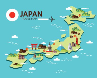 Japonya Simgesel Yapı ve seyahat harita. Düz tasarım öğeleri ve simgeler.