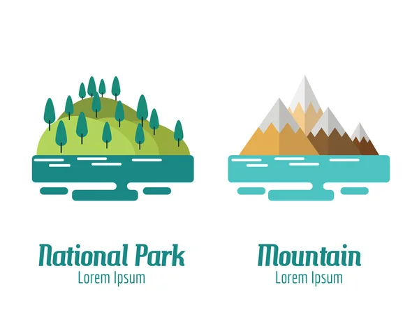 Parque Nacional y Paisaje de montaña. elementos de diseño plano. Vect. — Archivo Imágenes Vectoriales