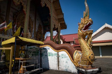 Tayland ruhani inancını, kültürel mirasını, nehir korumasını, Wat Luang 'ı, Chiang Khong' u, Chiang Rai 'yi, Tayland' ı temsil eden Mekong Nehri 'nin yanındaki Altın Naga yılan heykeli.