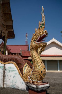 Tayland ruhani inancını, kültürel mirasını, nehir korumasını, Wat Luang 'ı, Chiang Khong' u, Chiang Rai 'yi, Tayland' ı temsil eden Mekong Nehri 'nin yanındaki Altın Naga yılan heykeli.