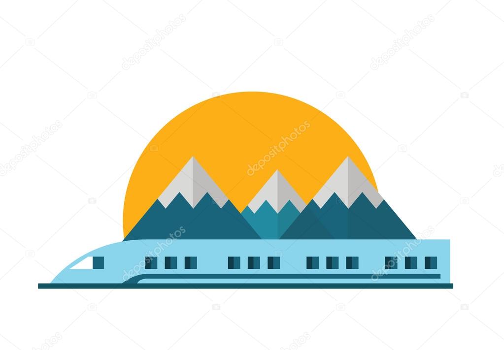 Train, Railway with mountain landscape. Vector flat illustration.