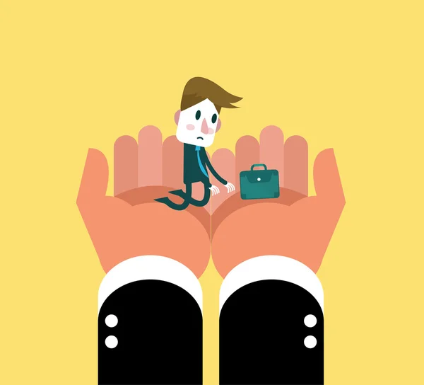 Human hand holding little businessman. — Stock Vector