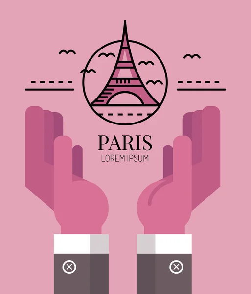 Paris için dua ediyorum. Eyfel Kulesi işareti ile el. — Stok Vektör