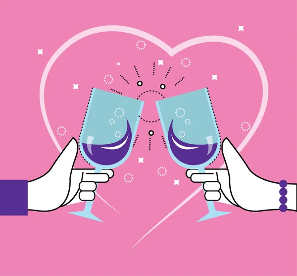 Dva lidé opékání s poháry. Čára srdce v pozadí. — Stockový vektor
