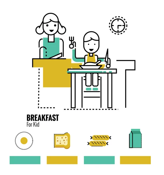 Garoto comendo comida saudável em casa. ícones de design plano, infográfico, banner . —  Vetores de Stock