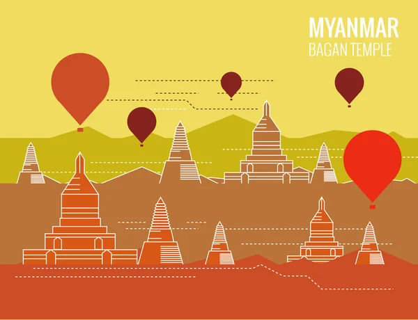 Templo de Bagan com balão de ar quente. cena de destino de Myanmar . — Vetor de Stock