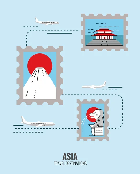 Postzegels van Asia bestemming scène. Japan, Singapore, china. — Stockvector