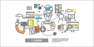 Online Education.E-öğrenme, Web sitesi banner, şablon, poster, simgeler.