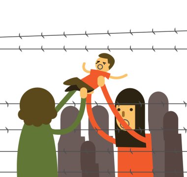Onu tutan anne çocuk dikenli tel mülteci kampında çapraz..