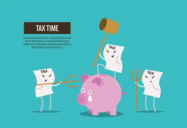 关于税条例草案持铁锤粉碎储钱罐。卡通特征 — 图库矢量图片