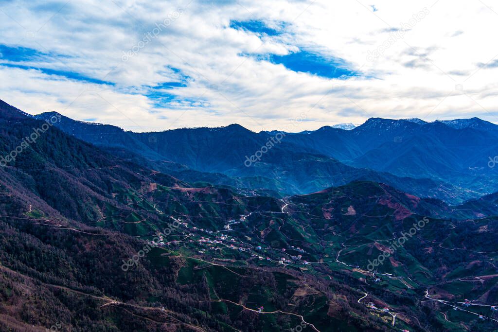 Beautiful panoramic view of the village in the mountains by the sea