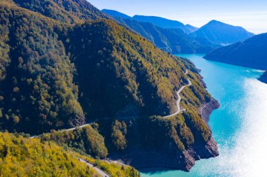 Mavi göllerin ve yeşil ormanların hava aracı görüntüsü. Güzel yaz manzarası