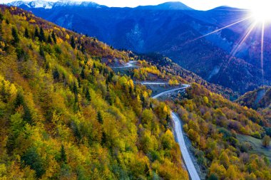 Dağlarda dolambaçlı bir yol, sonbahar ormanı manzaralı bir dron.
