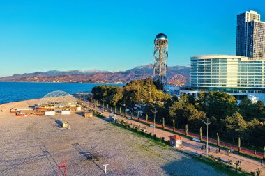 Batumi, Gürcistan - 7 Nisan 2021: Afavit Tower, University, drone view