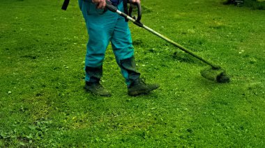 Parkta çim biçme makinesi olan bir adam çimleri temizliyor.