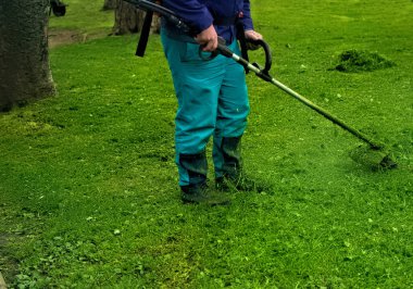 Parkta çim biçme makinesi olan bir adam çimleri temizliyor.